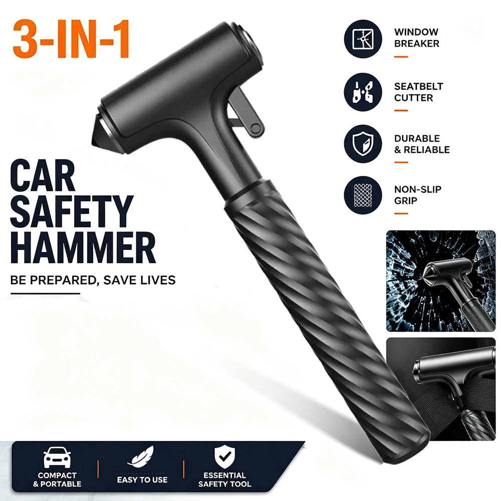 Tungsten Steel Tip Car Safety Hammer Hardened Steel Window Breaker Seatbelt Cutter Portable Anti-Slip Car Escape Tool