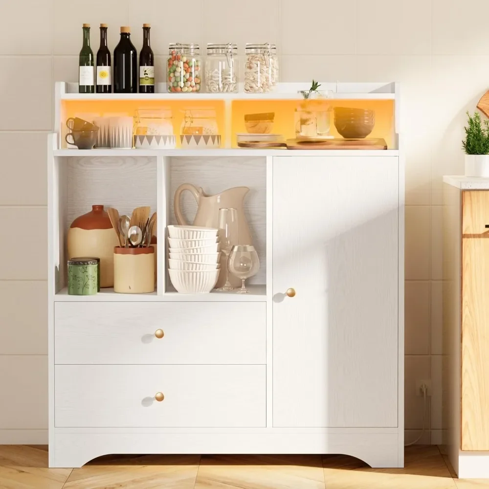 

For Kitchen Coffee Bar Cabinets with Storage, Liquor Cabinet with LED Lights & Power Outlets, Adjustable Shelf, Drawers