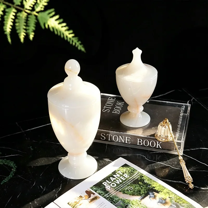 Natural Jade Storage Jar, Hand-Carved Stone Canister for Tea Leaves, Living Room Office Desk Decor, Elegant Home Hotel Ornament