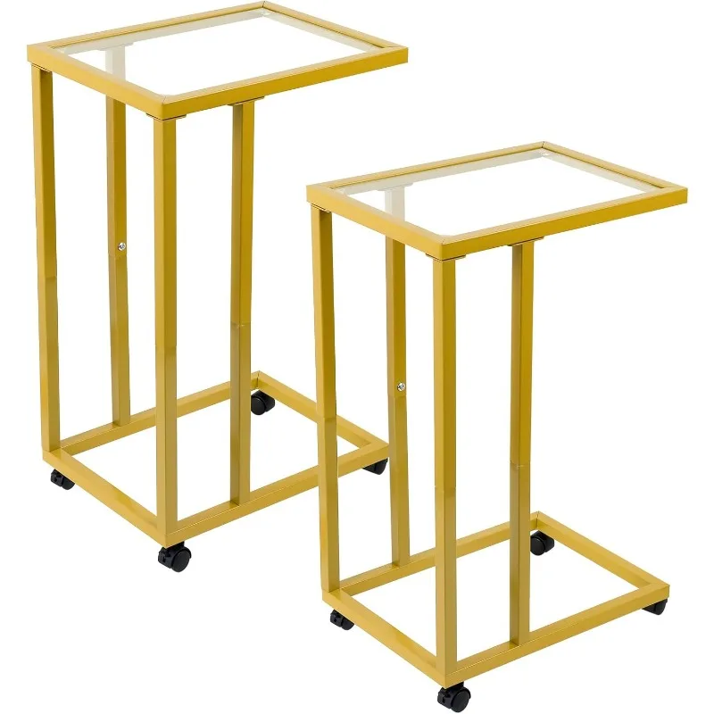 

C-Shaped End Set of 2, Tempered Glass Couch Snack Side with Metal Frame, TV Tray Table for Living Bedro