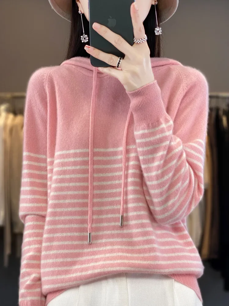 Women\'s Hoodies 100% Merino Wool Sweater Striped Long Sleeve Casual Loose Pullover Cashmere Knitwears Fashion New Knit F470