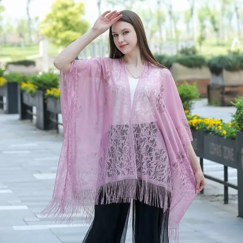 Beach Sunscreen Clothing Lace Cardigan Summer Outer Wear Sunshade Cape Women Tassel Coat Spring Seaside Holiday Leisure Shawl P1