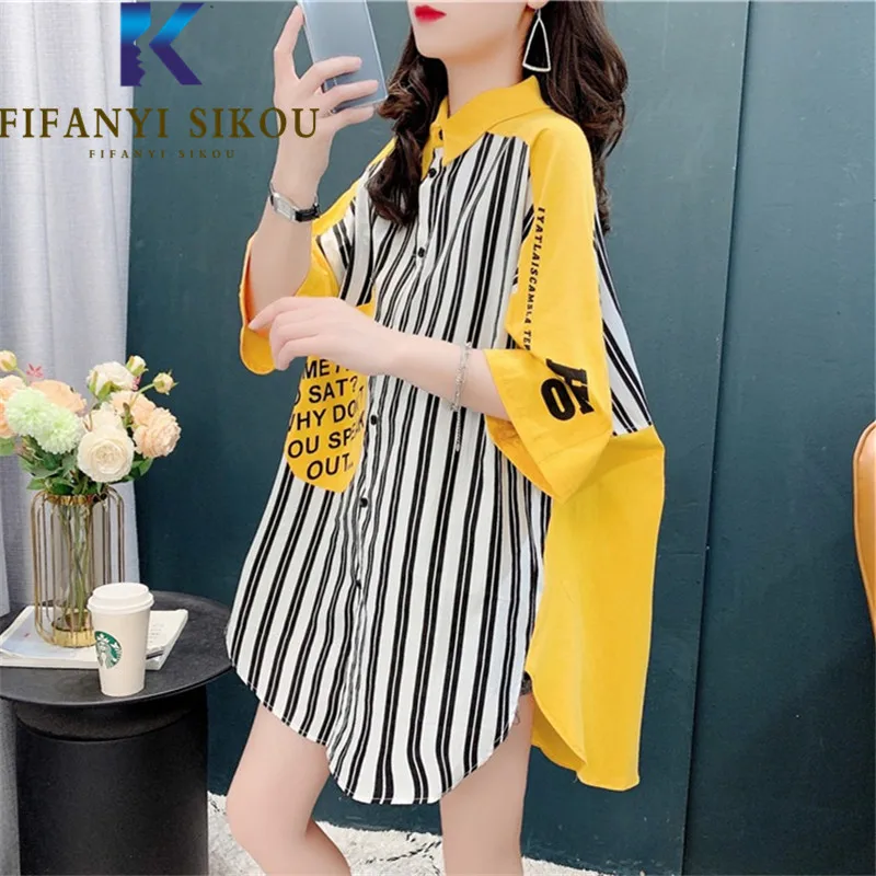

Summer Casual Striped Shirt Women Letter Print Fashion Patchwork Short Sleeve Shirt Asymmetric Loose Womens Tops And Blouses