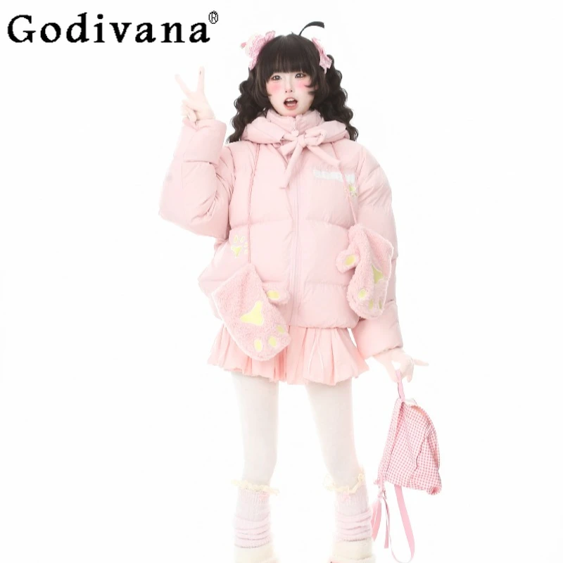 سترات شتوية بغطاء للرأس مطرزة للنساء بأكمام طويلة سترات لطيفة مع قفازات معطف دافئ وردي على الطراز الياباني للسيدات #5