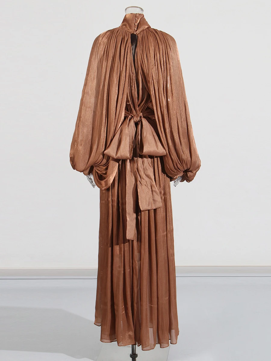 فساتين أنيقة أنيقة الصلبة للنساء الوقوف طوق كم طويل عالية الخصر المرقعة الدانتيل يصل فساتين الإناث نمط جديد #5