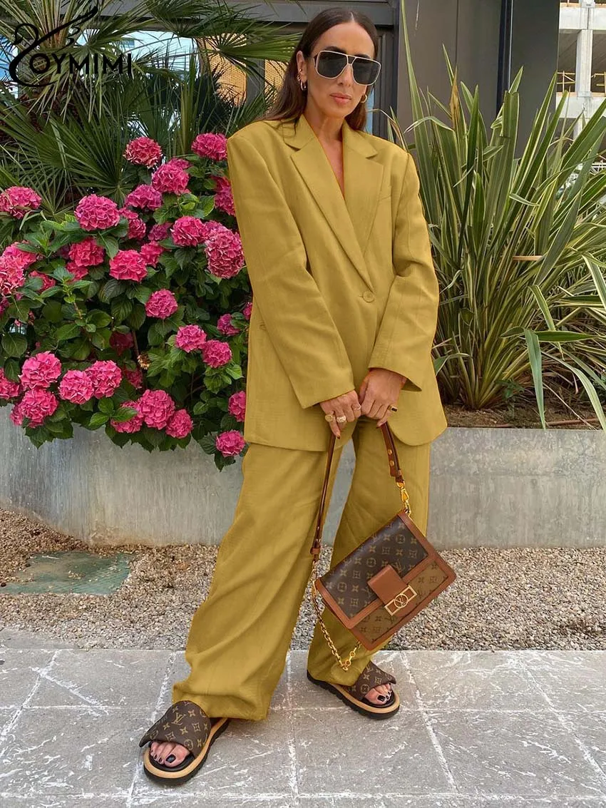 Oymimi-Conjunto de 2 piezas de oficina para mujer, traje elegante de solapa, manga larga, bolsillos con un solo botón, camisa y pantalones lisos,