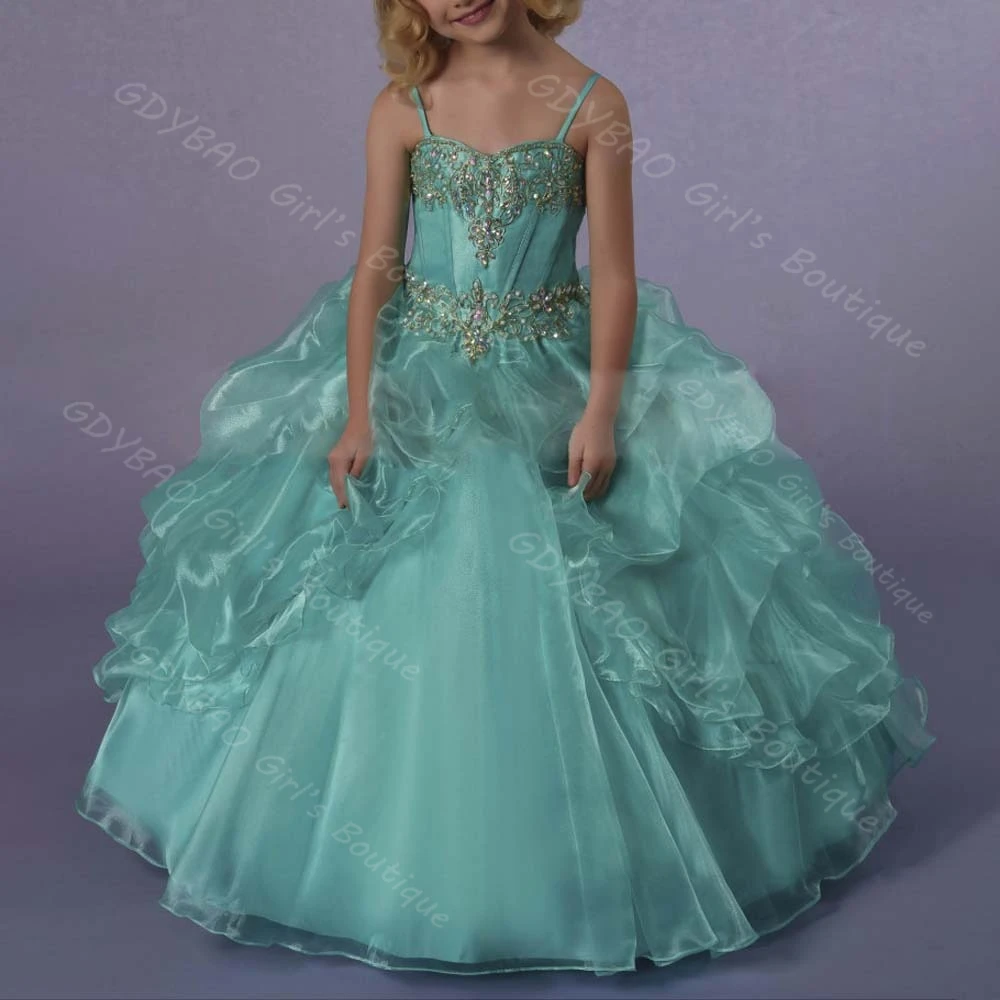 الفتيات فستان المسابقة السباغيتي الأشرطة مطرز يزين الأميرة زهرة فتاة فستان المتدرج الأورجانزا حفلة الكرة ثوب مخصص Vestidos