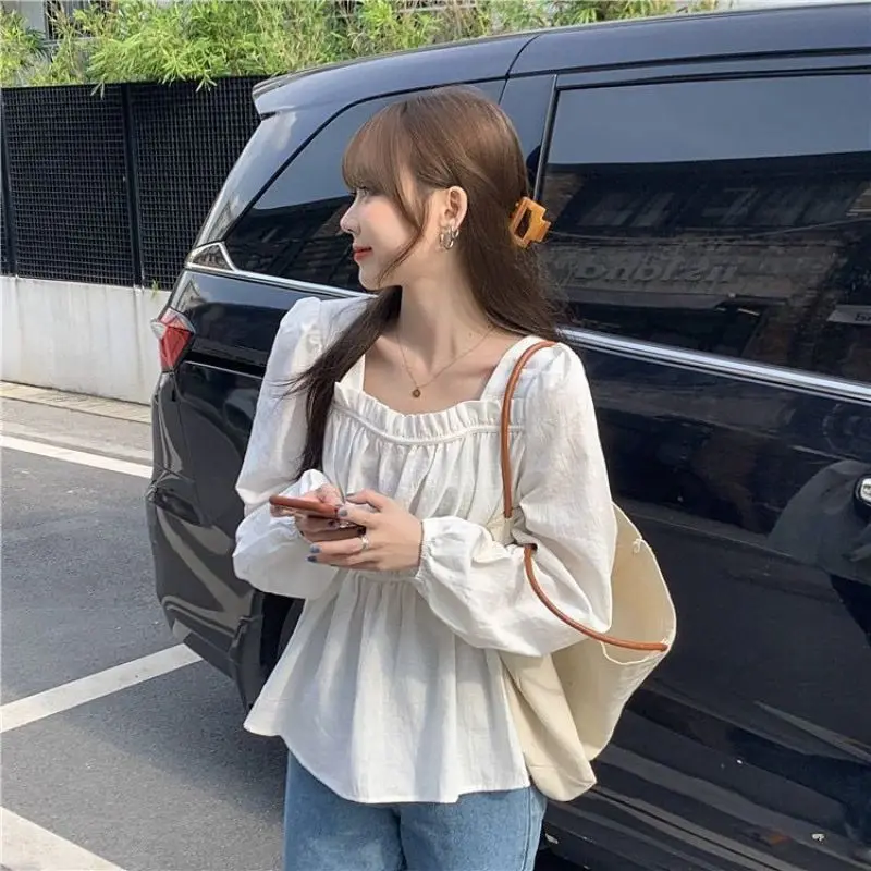 Women's Spring Autumn White Long Sleeve Shirt Korean Office Lady Casual Joker Square Collar Loose Solid Blouse Daily Tops Female