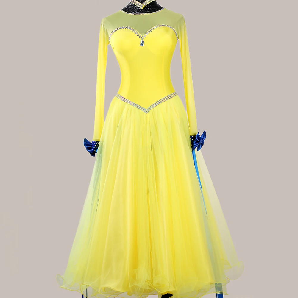 볼룸 댄스 경연 대회 드레스 노란색 새 라운드 넥 볼 드레스 리본 진한 파란색 왈츠 블랙 의상 고품질