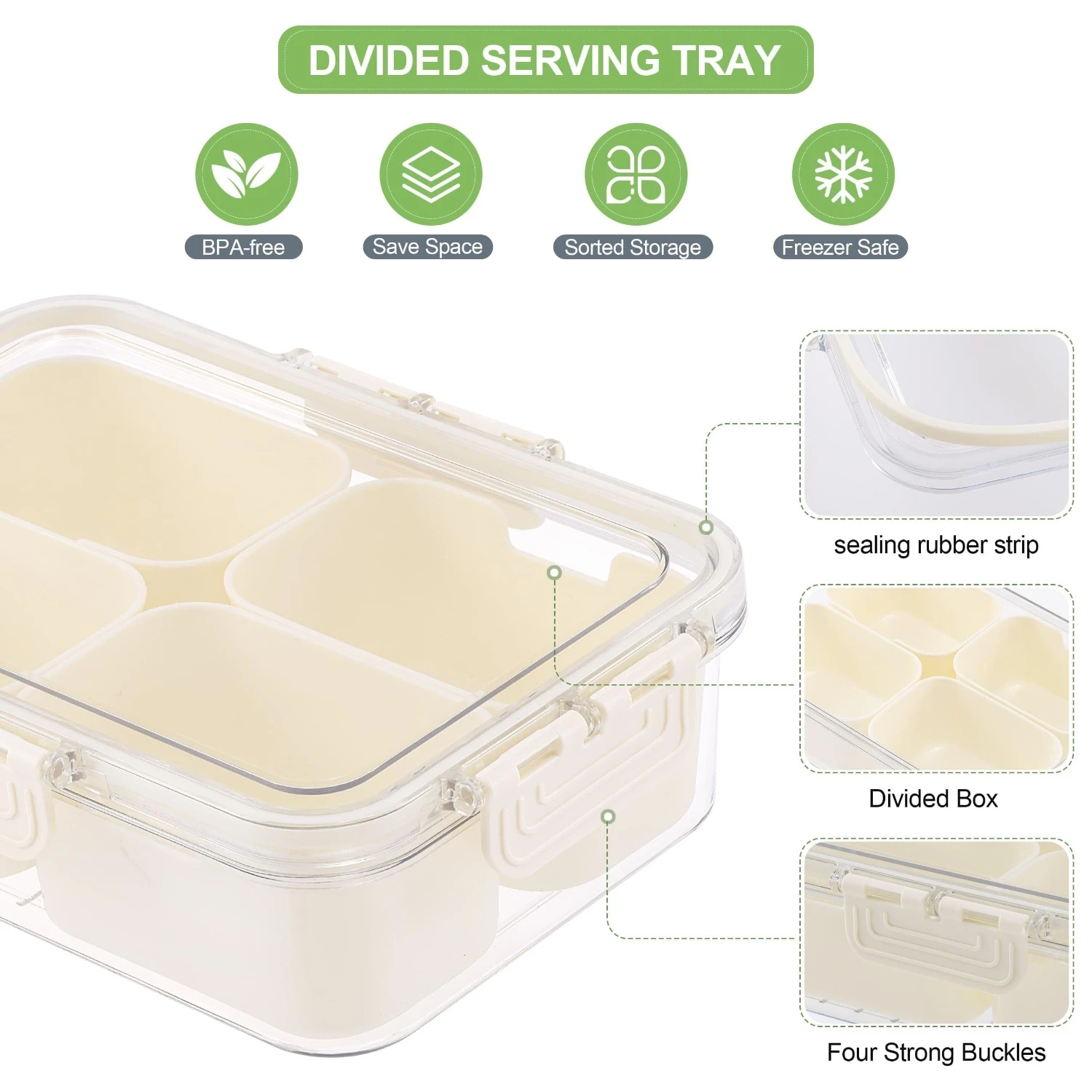 Multipurpose Plastic Food  Container with Divided Sections - Reusable Square Snack Box with Flip-Top Closure for Candy, Vegetabl