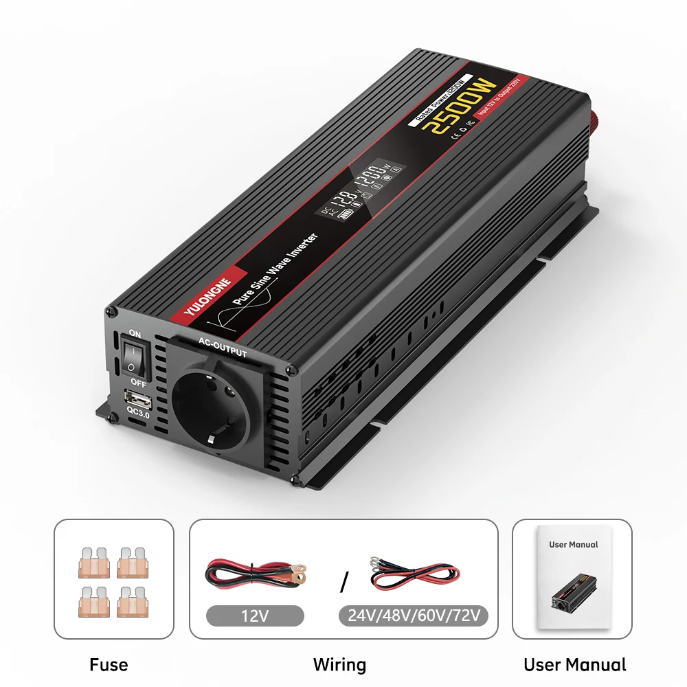 YULONGNE Pure Sine Wave Inverter DC12V Peak 2500W to AC230V EU Socket Power Converter with LCD Display for RV Camper Solar Emerg