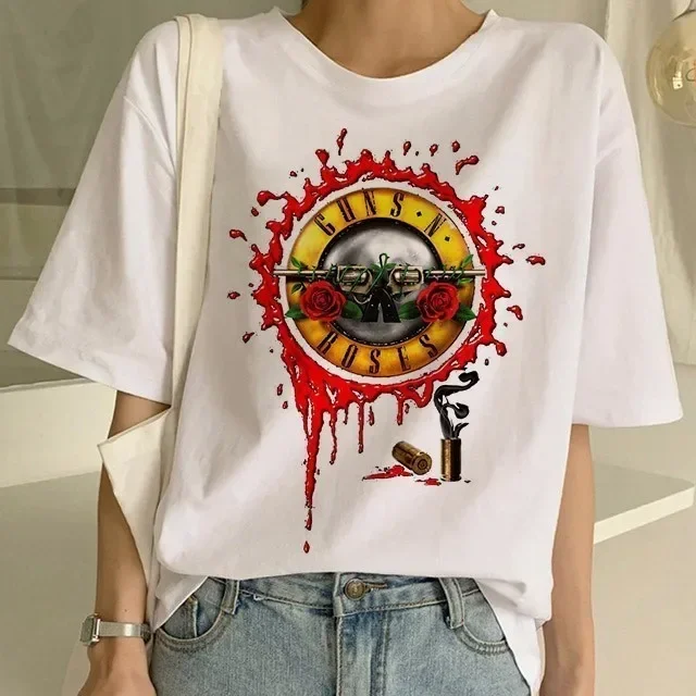 Pistola N Roses Street Rock Print  Hip Hop Tees  Punk T Shirt Fashion Guns N Roses T-Shirt Women White Tshirt Women Tops