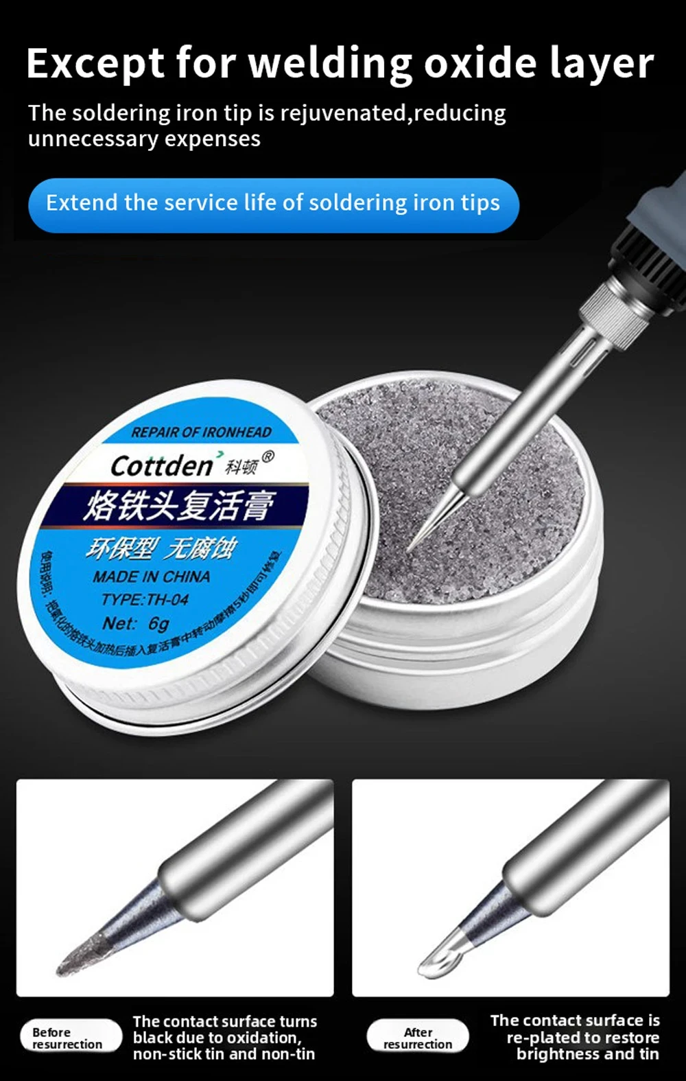 Tinner-Reiniger mit Lötspitze, bleifreie Oxidations-Reinigungspaste, Auffrischungspitze Tinner Flux, Reinigung der Lötspitze – Detail 8