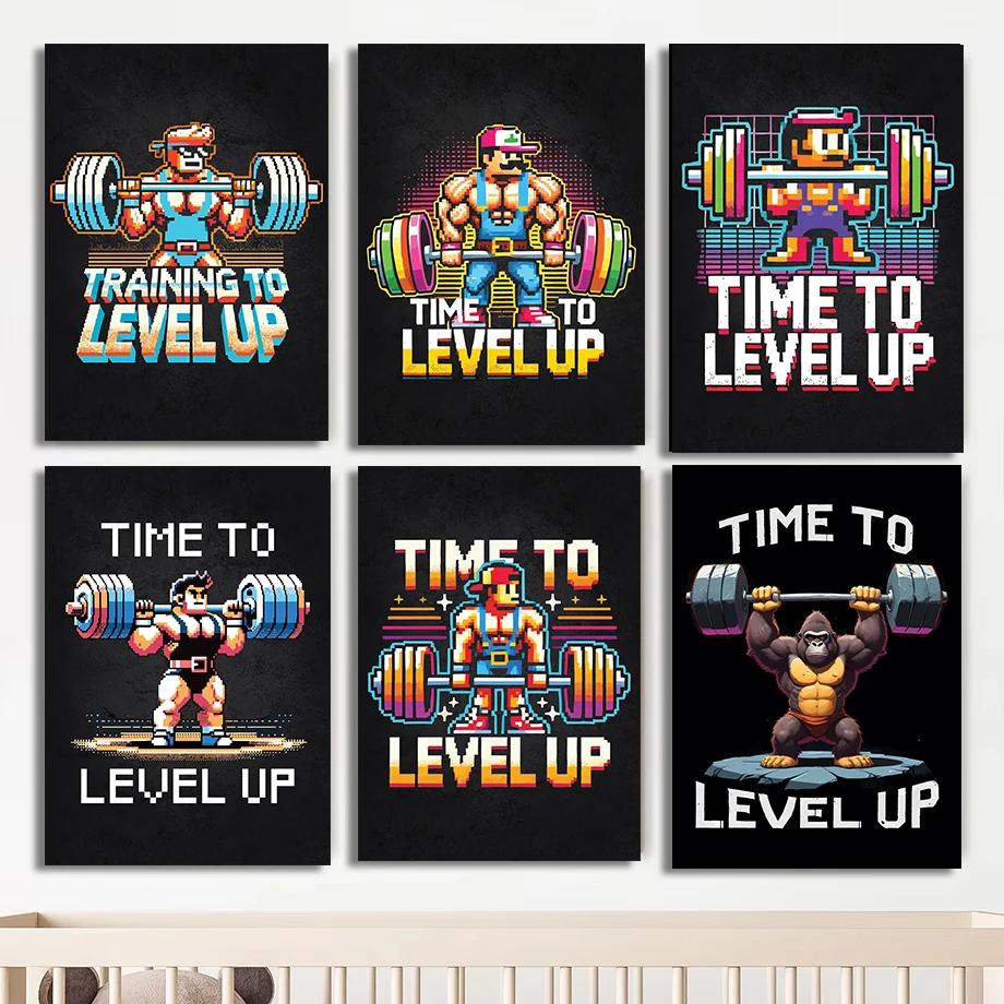 Time To Level Up Gym Gamer Motivational Poster Pixel Style Workout Funny Canvas Painting Print for Home Decor Cuadros