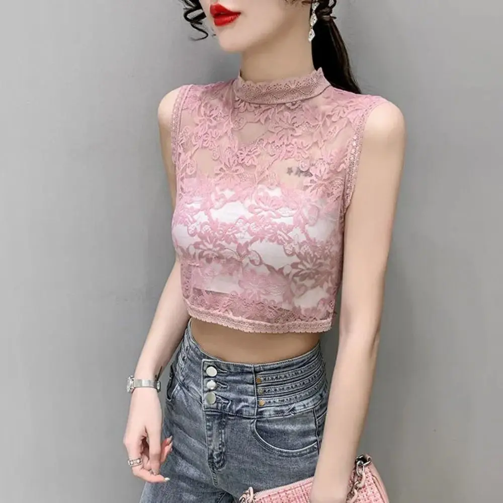 Nowa Bluzka z Siateczkowej Włóczki, ażurowa Koronka, Krótka Modna Koronkowa Bluzka z Golfem, Bez Rękawów, Elegancki Kołnierzyk, Fałszywy Kołnierzyk