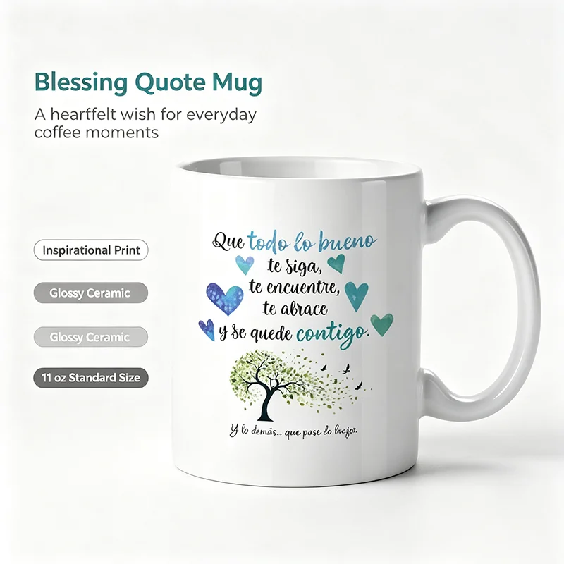 Spanish Blessing Quote Ceramic Coffee Mug Watercolor Heart Tree Bird Print White Porcelain Tea Cup Warm Positive Wish Gift