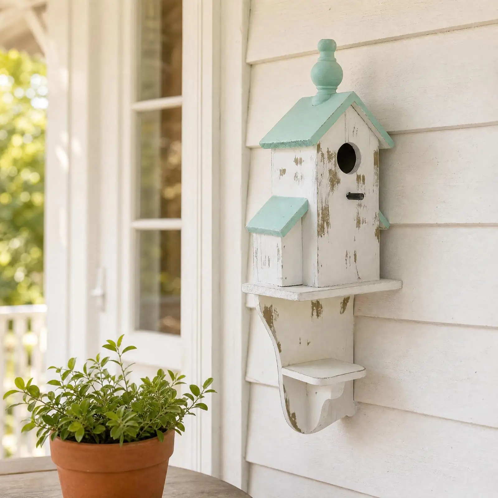 Wooden Wall-Mounted Birdhouse with Pitched Roof Rustic Birdhouse with Shelf and Lower Supporting Section for Patio, Balcony,