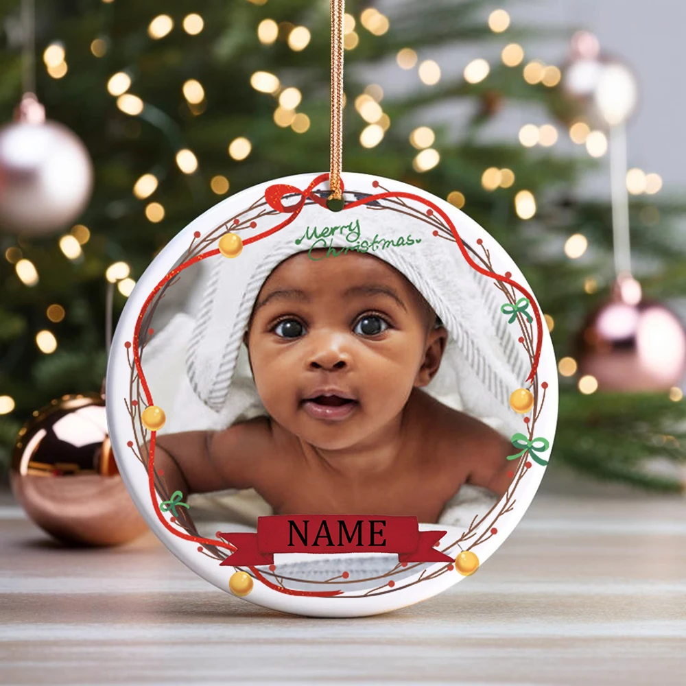 Adorno de cerámica de Navidad personalizado para bebé, colgante de adorno de Navidad con foto y nombre, accesorios de fotografía de primera Navidad para bebé