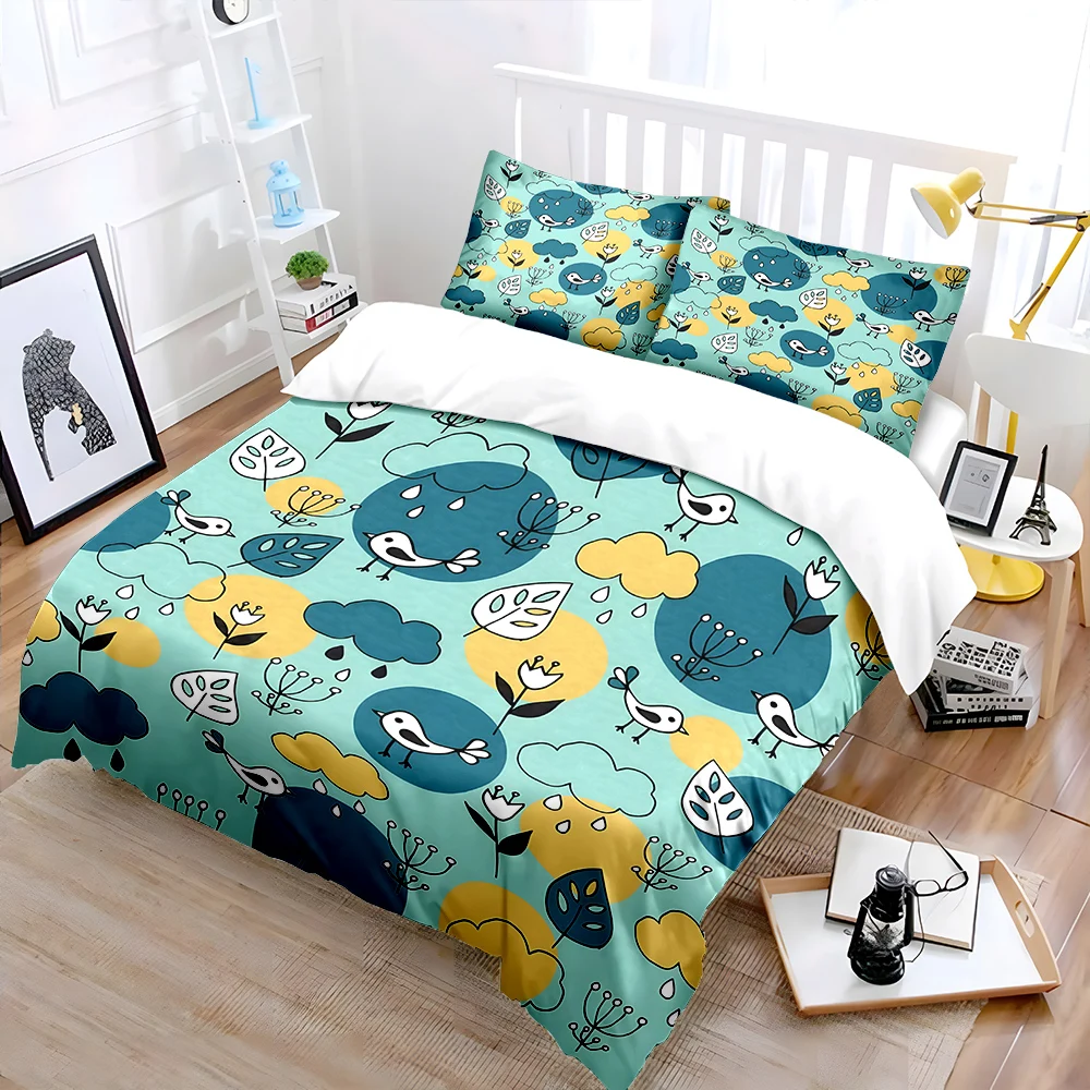 Birds and natural elements Bedding Set for Kids Luxury Gift 3pcs Digital Print Comforter Set Soft Comfortable Breathable