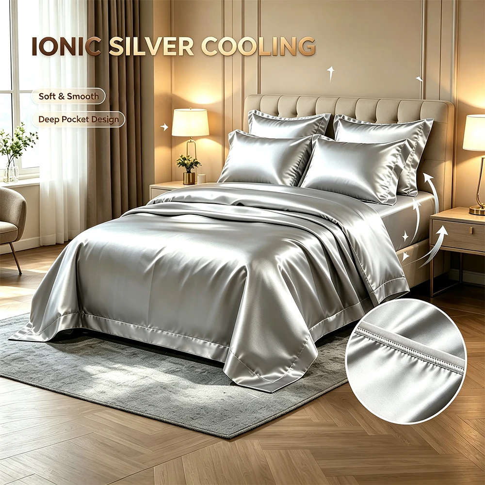 2200 Thread Count Ionic Silver Cooling Satin Bed Sheet Set, Luxury Hotel Silky Soft Bed Sheets, Deep Pocket Fitted Sheet, Anti-Pilling, Machine Washable Satin Bedding Set for Bedroom, Silver Grey  Blanket