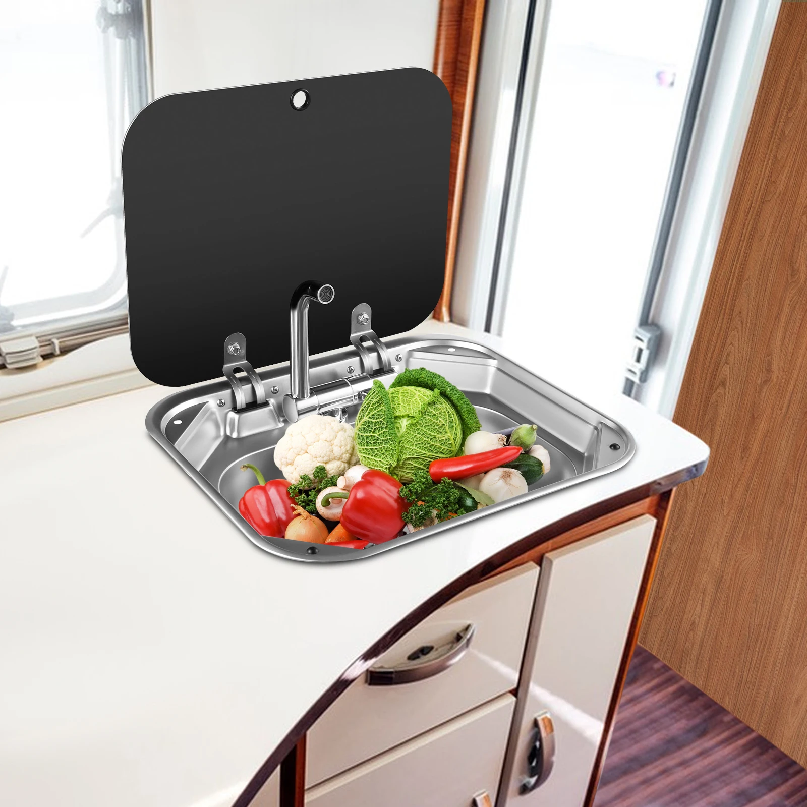 Modern 304 Stainless Steel Rectangular RV Sink 41.5x37x16cm Tempered Glass Cover with Faucet Sewer Pipe