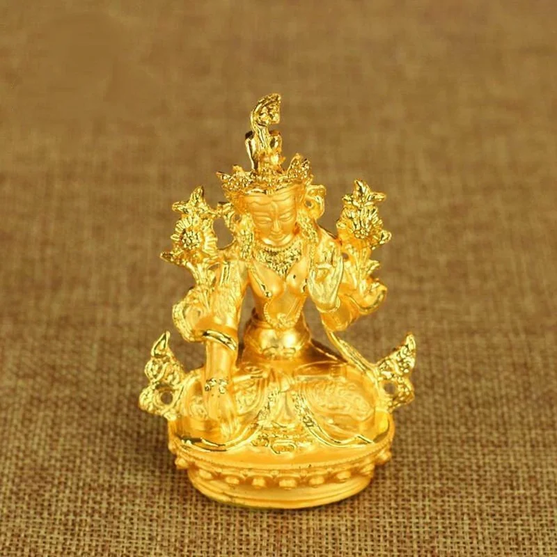 8.5cm Golden Alloy Green Tara Statue Tibetan Buddhism White Tara Bodhisattva Home Car Altar Worship Decor