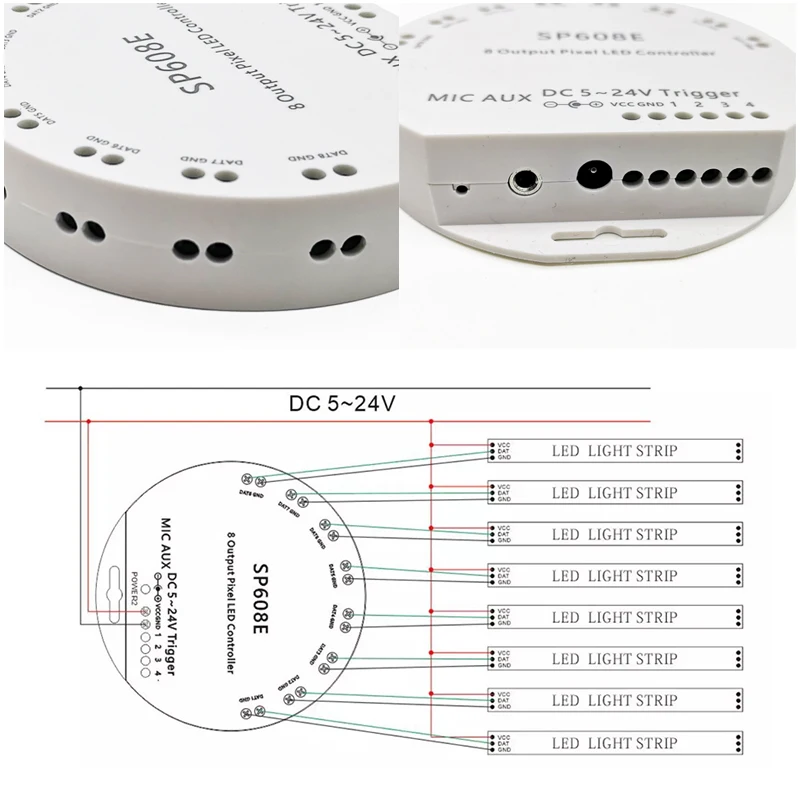 SP608E 8 Output 4800 Pixel LED Dimmer Bluetooth Music Controller for WS2812B Digital Addressable LED Strips Magic Color Lights