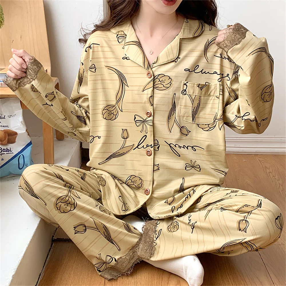 

Winter Women Pajama Flower Print Long-Sleeved Pajamas Sleepwear Autumn Ladies Homewear 2 Piece Set Lapel Button Pajamas Clothes