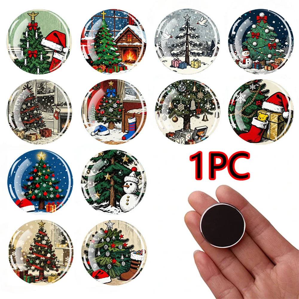 1PC 30MM Christmas Tree Dome Glass Circular Refrigerator Sticker Christmas Tree Decoration Christmas Gift