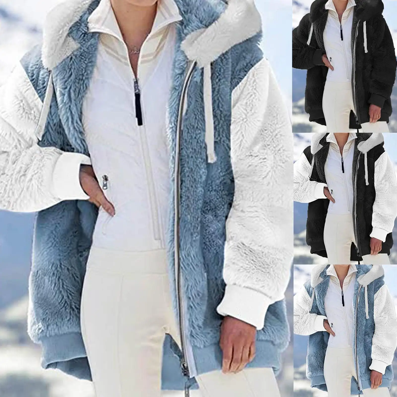 

Women's Plu Patchwork Hooded Jaet Long Sve Waist-Cinching Sle Mid-Length Coat European Sle Fur Trimmed Collar