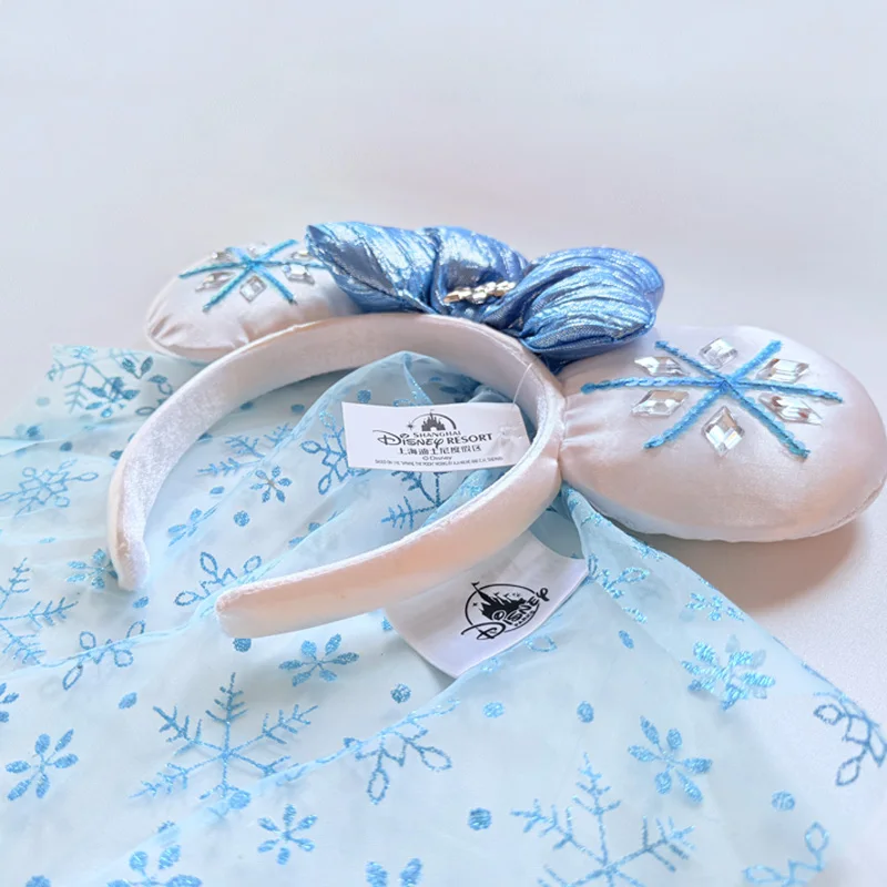 Disney Frozen Elsa Minnie Ears Headband, Blue Bow with Snowflake Tulle Veil, Ideal for Disneyland Trips & Cosplay view 6