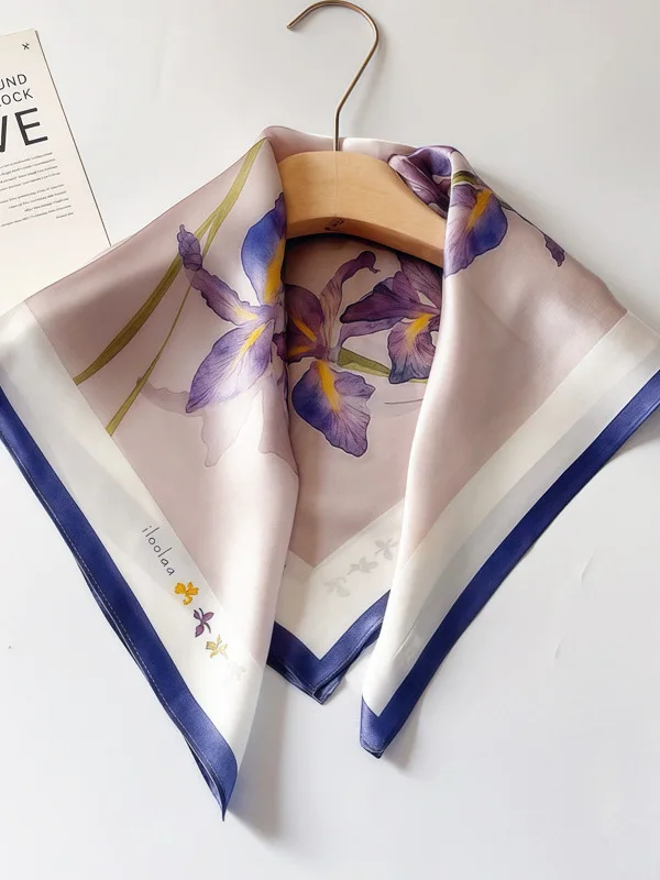 エレガントなシルクスカーフ-レディース-オールシーズン-00-マルベリーシルク-スクエアスカーフ-おしゃれな韓国風-装飾植物-花柄