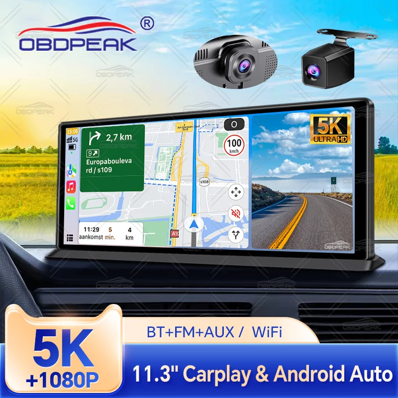 Dash Cam 5K Front Rear Car Camera Wireless CarPlay & Android Auto  WiFi GPS 11.3