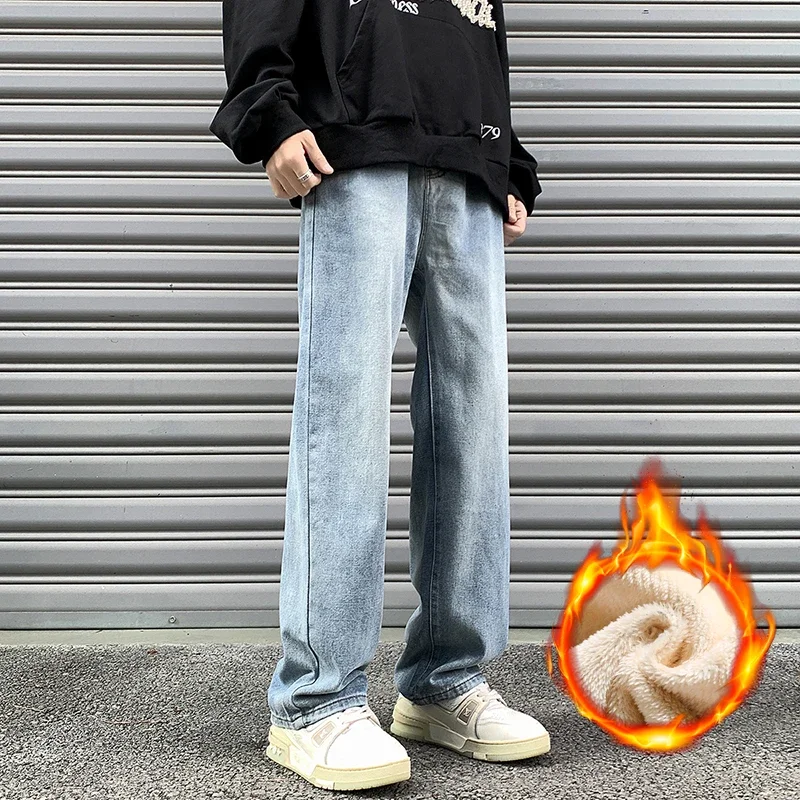 Men Winter Fleece Wide Leg Jeans Vintage Wash Pants Straight Fit Casual Streetwear Daily Wear Male Trousers Multi Colors