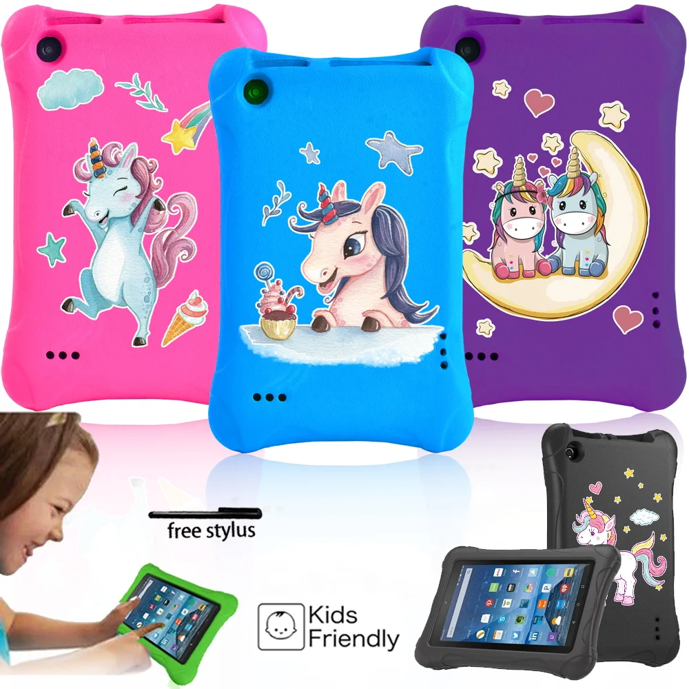 Tablet Cover Case for Fire 7 (5th/7th/9th Gen) Unicorn Series Drop Resistance EVA Pattern Soft Kids Protective Shell + Stylus