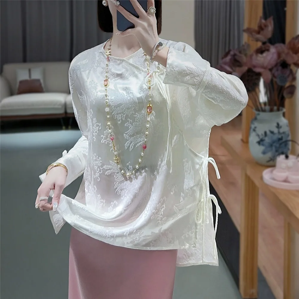 

High-end Spring Summer Chinese Style Embroidery Silk Blouse Shirt Women Fashion Elegant Loose Lady Shirt Top S-XXL