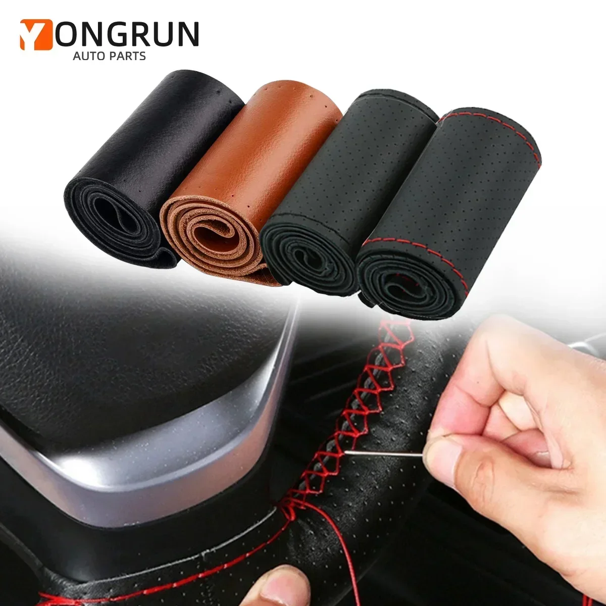 Auto Parts Interior Supplies Hand Sewn Leather Steering Wheel Cover Anti-Slip Breathable Universal Handlebar Leather Cover