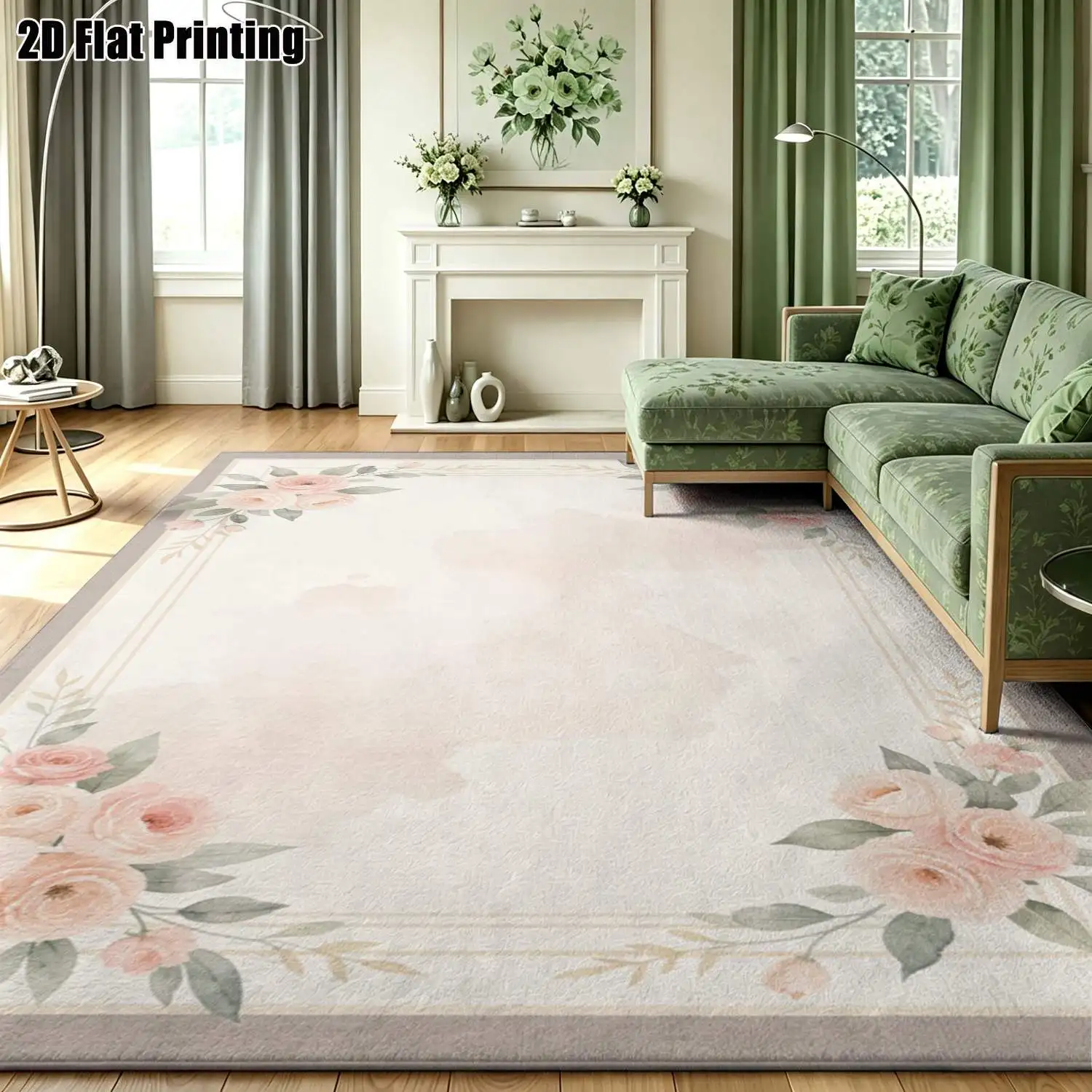 1Pc 2D Printed Nude Pink Flower Border Nordic Minimalist Carpet, Machine Washable, Multi-Size, for Home Decor & Various Scenes