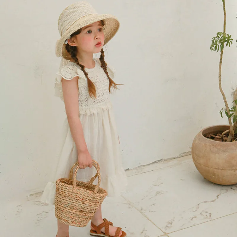 Girls Casual Dresses Summer Korea Childrens Clothing Girls Lace Bow Knot 2024 Round Collar Fashion Simple Pleated