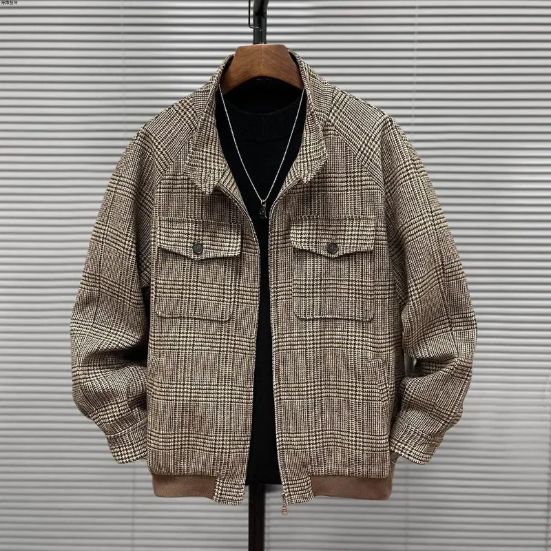 

Шерстяная осенняя короткая куртка на молнии с воротником-стойкой и длинными рукавами 2025 года для мужчин