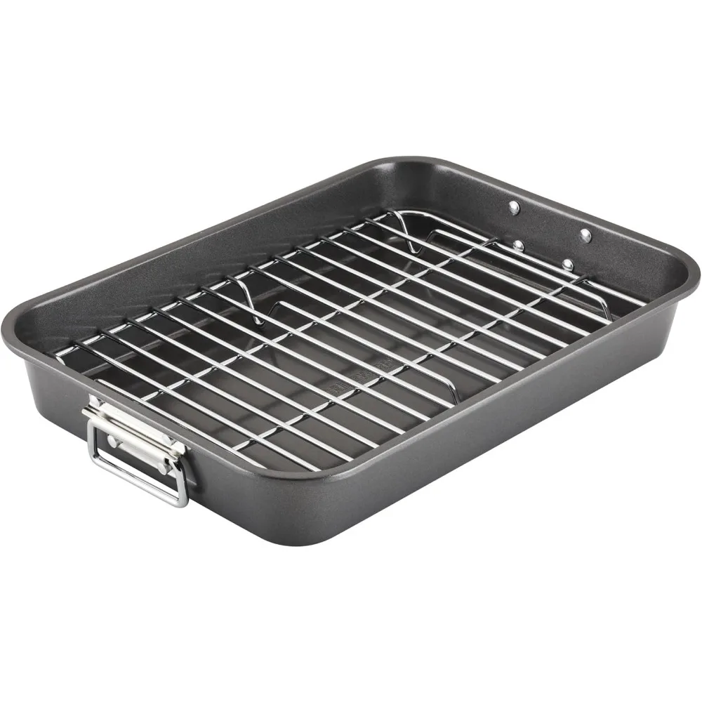 

Nonstick Steel Roaster with Flat Rack, 11x15 Inch Gray Bakeware for Easy Cooking