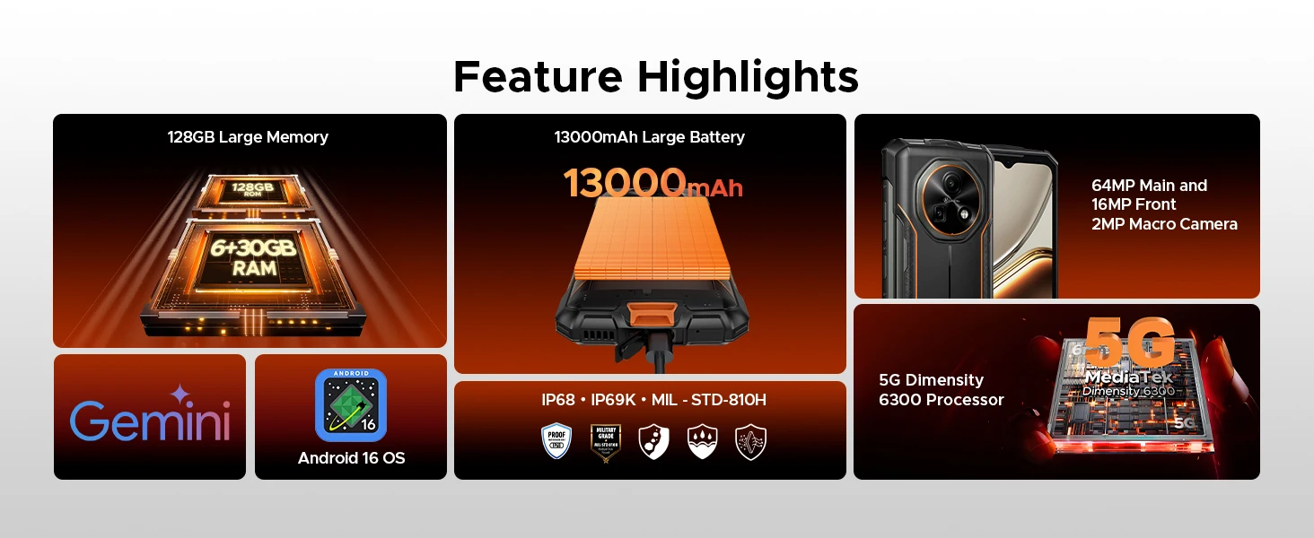 Phone robust DOOGEE Fire 7 5G Gemini AI 36Go (6 + 30) 128 Go battery mAh dimension Smartphone