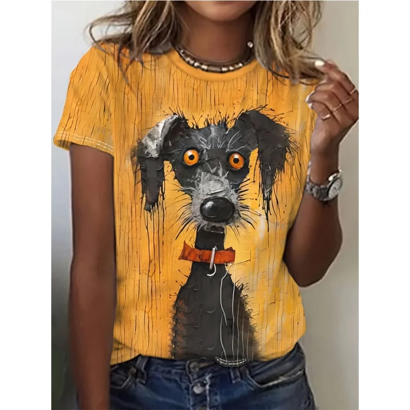 Abstract Cat Dog Pattern T Shirt For Women Fun Animal 3D Printed Short Sleeves Summer Loose T-Shirts O-Neck Tops Tees Streetwear