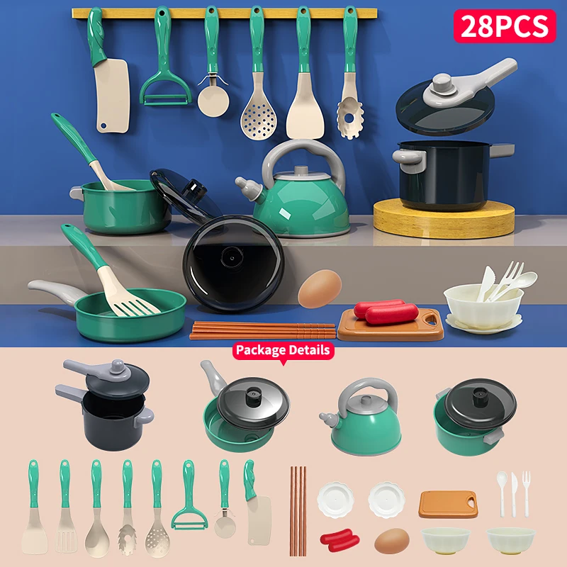 Kids Play Kitchen Toys Set Toddlers Pretend Cooking Playset Acccessories with Pots Pans, Utensils Cookware, Foods