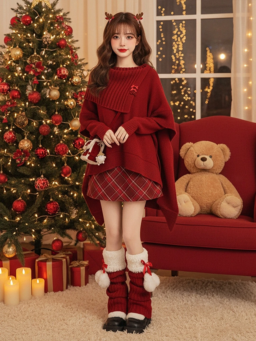 

Красный комплект: свитер-накидка и юбка в клетку для женщин больших размеров, повседневный весенний модный ансамбль из теплой полиэстеровой ткани