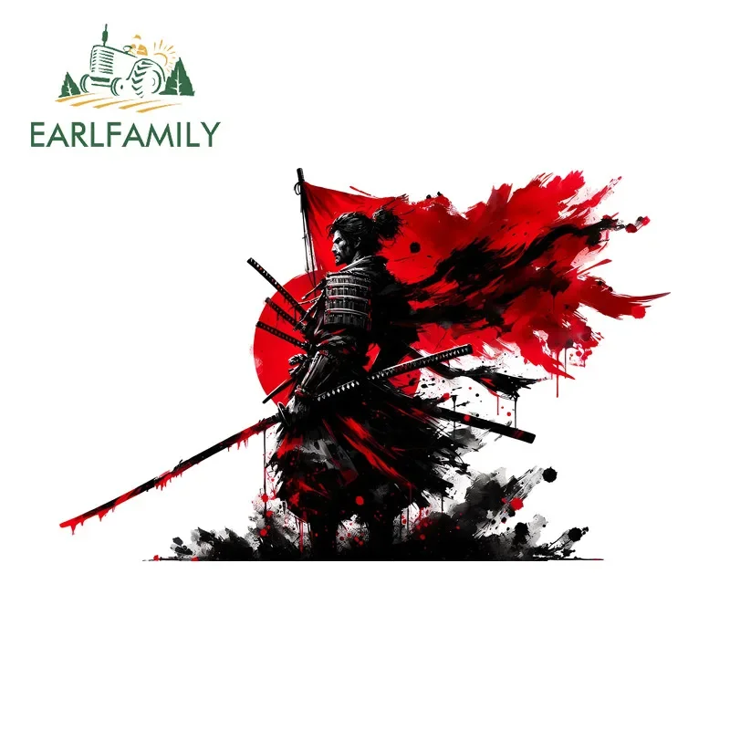 EARLFAMILY Samurai With Red Sun Car Stickers Waterproof Scratch-Proof Decal Suitable For Motorcycle Rear Luggage Bumper Trunk