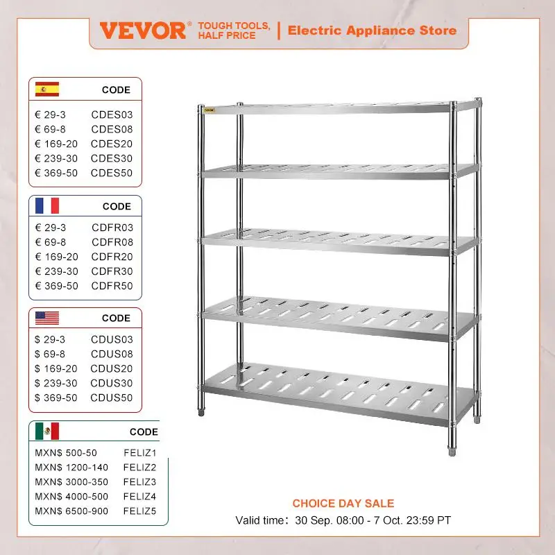 VEVOR Storage Shelf 4/5 Tier Storage Shelving Unit Stainless Steel  Heavy Duty Garage Shelf w/ Adjustable Height and Vent Holes