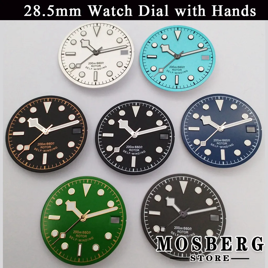 28.5mm Black Green Sterile Luminous Watch Dial Watch Hands With Date Window For NH35 NH35A Movement Accessory Parts