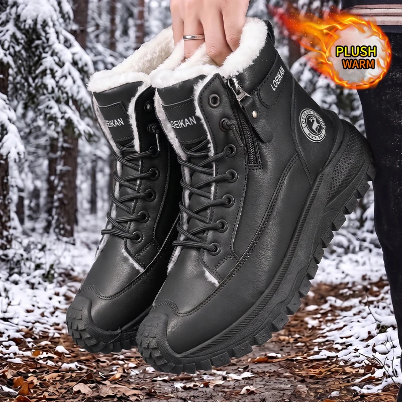 Men Fleece Lined Ankle Boots Side Zipper Lace‑up PU Leather Thick Sole Warm Winter Daily Male Shoes Big Size 39‑48