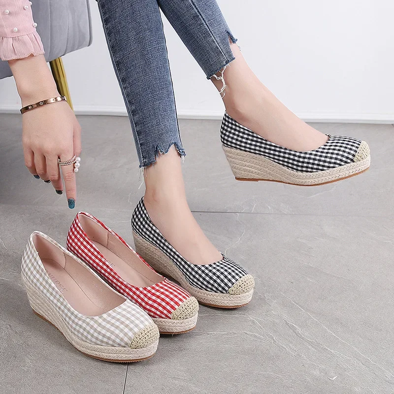 2024 Fashion Wedges Heels Shoes Women Spring Summer Cloth Women Shoes Plaid Ladies High Heel 7cm A4247